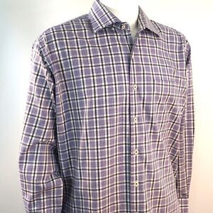 Peter Millar Shirt Mens XL Long Sleeve Button Purple Stipe Check Cotton Casual